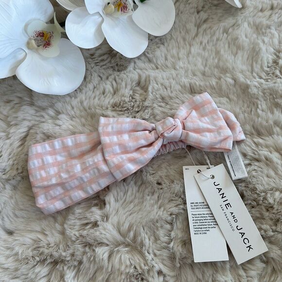 Janie & Jack Baby Gingham Seersucker Soft Bow Headband in Pink Gigham OS - Picture 2 of 3